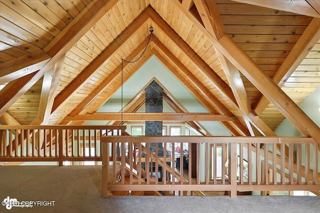 33405 Keystone Dr, Soldotna, AK 99669 - detailed view of a wood ceiling with exposed beams and carpet flooring
