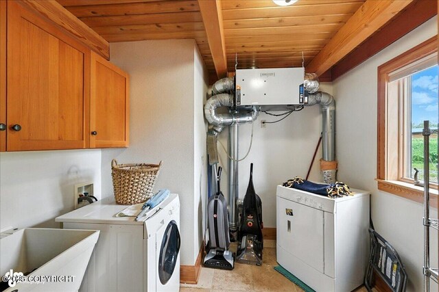 33405 Keystone Dr, Soldotna, AK 99669 - laundry room with wooden ceiling, washing machine and clothes dryer, and cabinet space