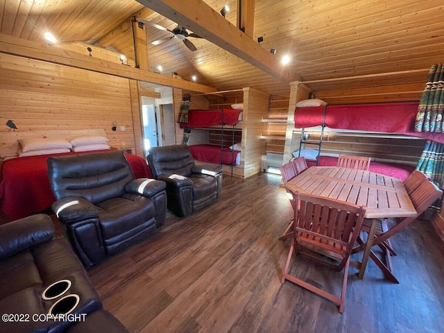 bedroom with hardwood / wood-style flooring, lofted ceiling with beams, wooden ceiling, and wooden walls