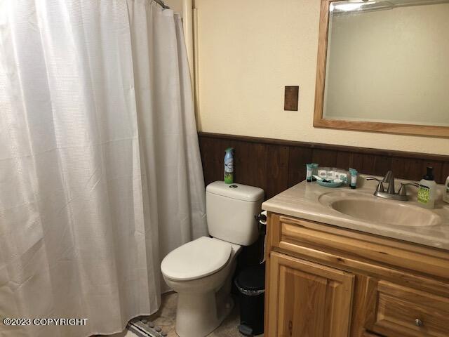 bathroom featuring vanity, wood walls, and toilet