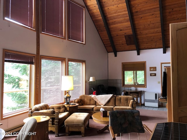 carpeted living room with high vaulted ceiling, beamed ceiling, and wooden ceiling