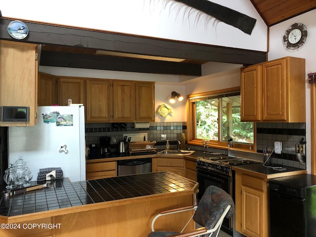 kitchen with black range oven, backsplash, tile counters, sink, and stainless steel dishwasher