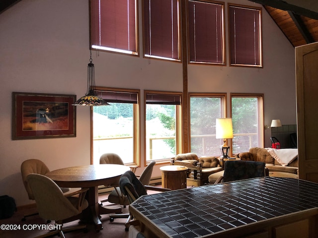 dining area with high vaulted ceiling, beam ceiling, and wooden ceiling