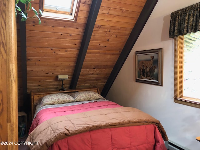 bedroom with wood ceiling, baseboard heating, multiple windows, and lofted ceiling with skylight