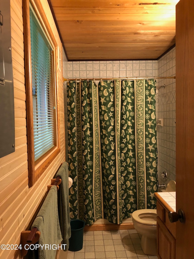 bathroom with toilet, walk in shower, tile patterned flooring, vanity, and wood ceiling