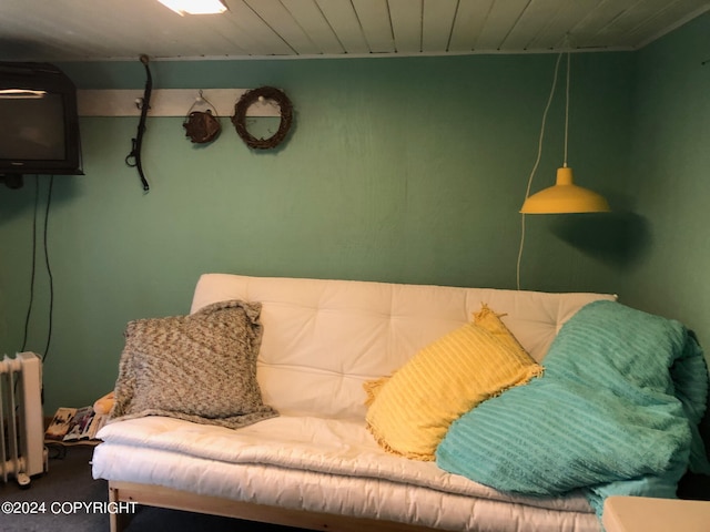 living room featuring carpet, radiator heating unit, and wooden ceiling