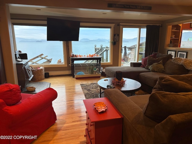 living room featuring light hardwood / wood-style flooring and a water and mountain view