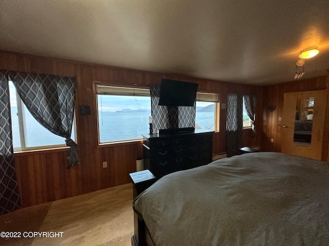 carpeted bedroom featuring a water view and wood walls