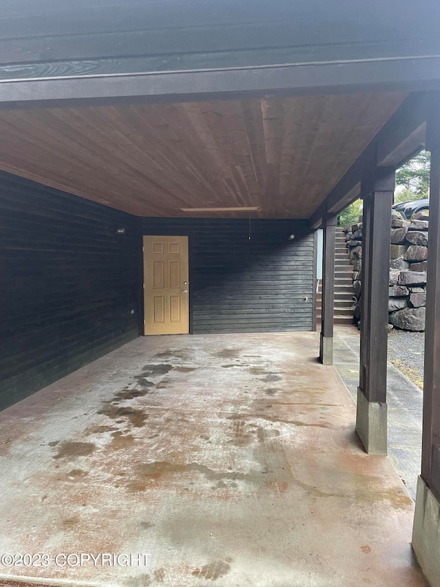 garage featuring wood ceiling