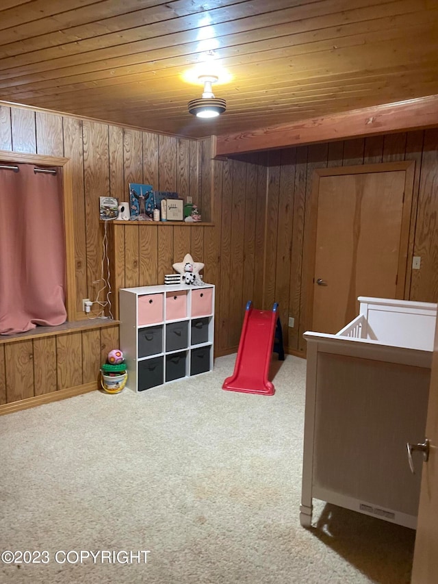 interior space featuring carpet floors, wood walls, and wooden ceiling