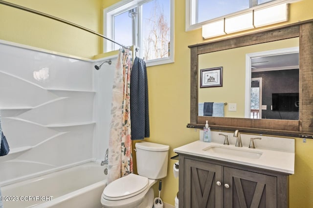 full bathroom with crown molding, toilet, vanity, and shower / bathtub combination with curtain