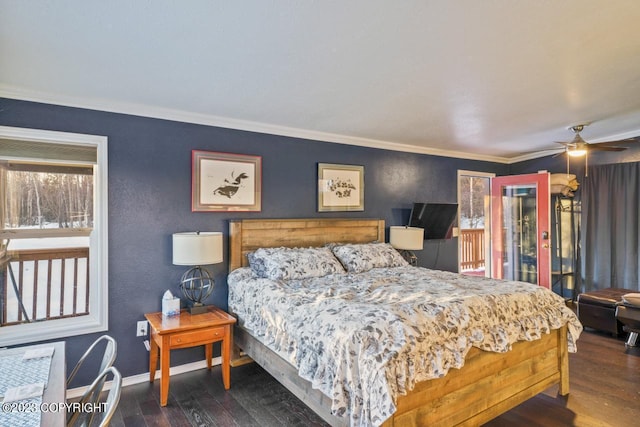 bedroom featuring dark hardwood / wood-style floors, ceiling fan, and ornamental molding