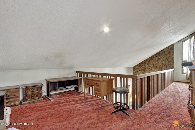 interior space with carpet, vaulted ceiling, and a textured ceiling