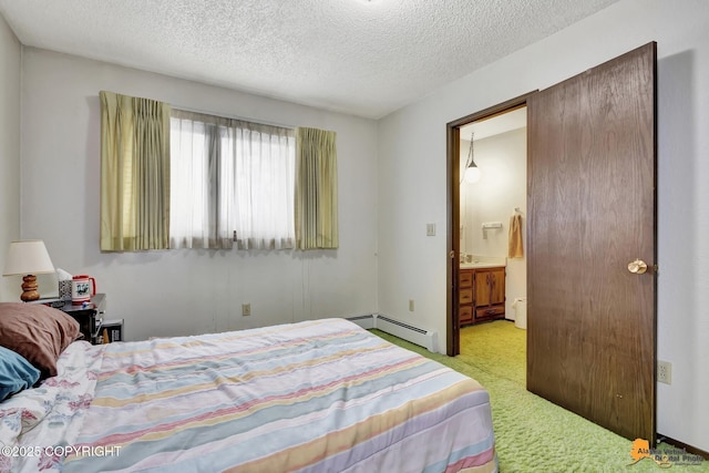 bedroom featuring a textured ceiling, a baseboard radiator, and light colored carpet