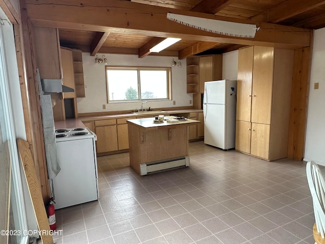 kitchen featuring a center island, white appliances, beam ceiling, a baseboard radiator, and wooden ceiling