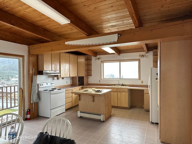 kitchen featuring white appliances, wood ceiling, beamed ceiling, a center island, and baseboard heating