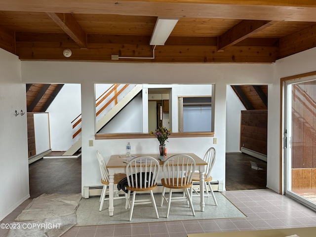 dining area with a baseboard radiator, wood ceiling, and lofted ceiling with beams