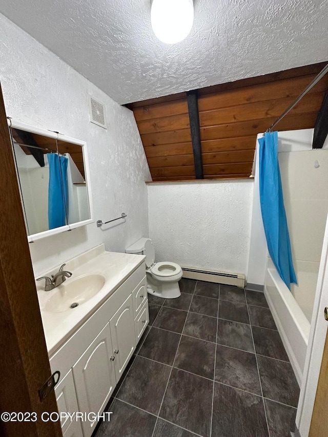 full bathroom featuring vanity, shower / tub combo with curtain, tile floors, a textured ceiling, and toilet