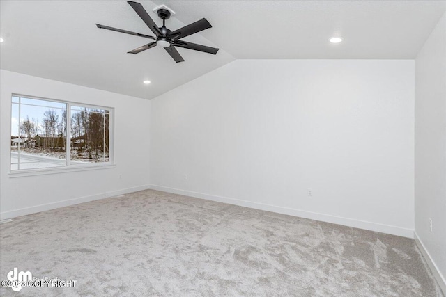 carpeted spare room with recessed lighting, ceiling fan, baseboards, and lofted ceiling