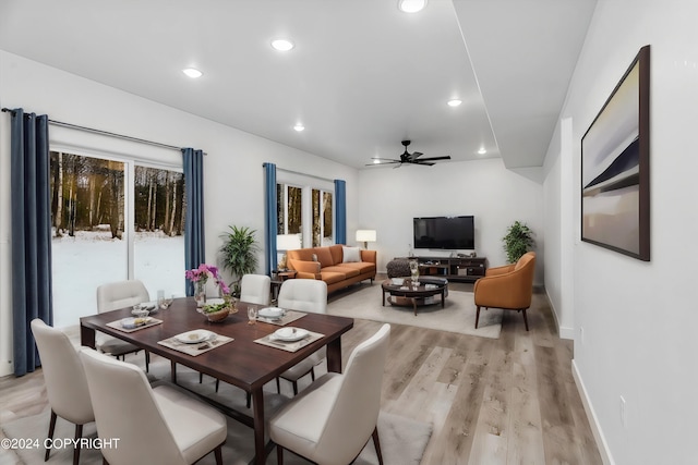 dining room with recessed lighting, light wood-type flooring, baseboards, and a ceiling fan