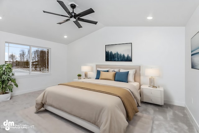 bedroom with recessed lighting, baseboards, lofted ceiling, and ceiling fan