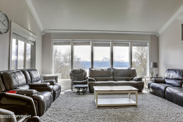 carpeted living room with ornamental molding and lofted ceiling