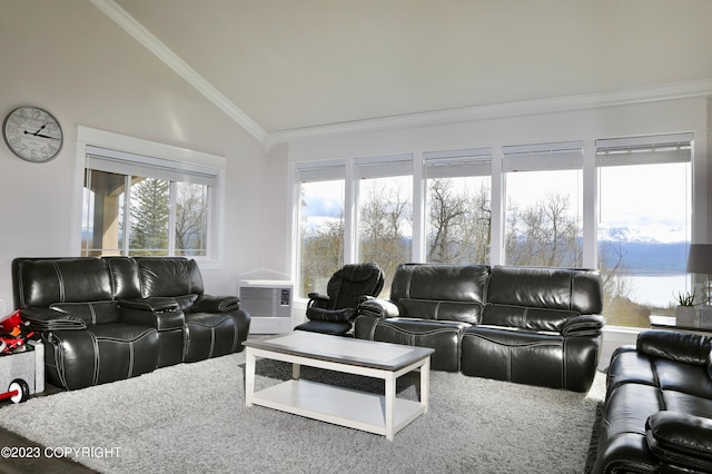 living room with high vaulted ceiling and ornamental molding