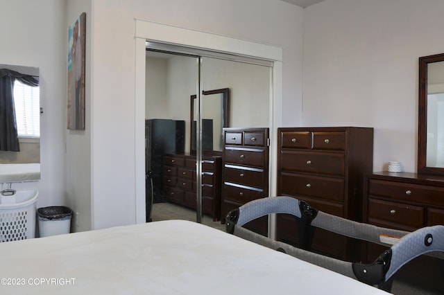 carpeted bedroom featuring a closet