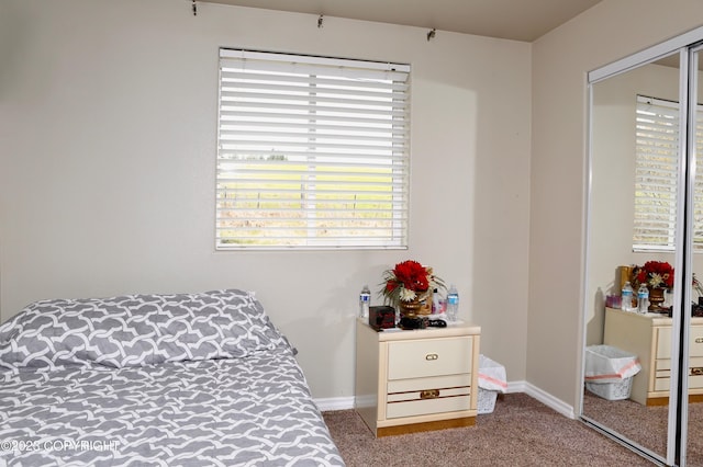 bedroom with a closet and dark carpet