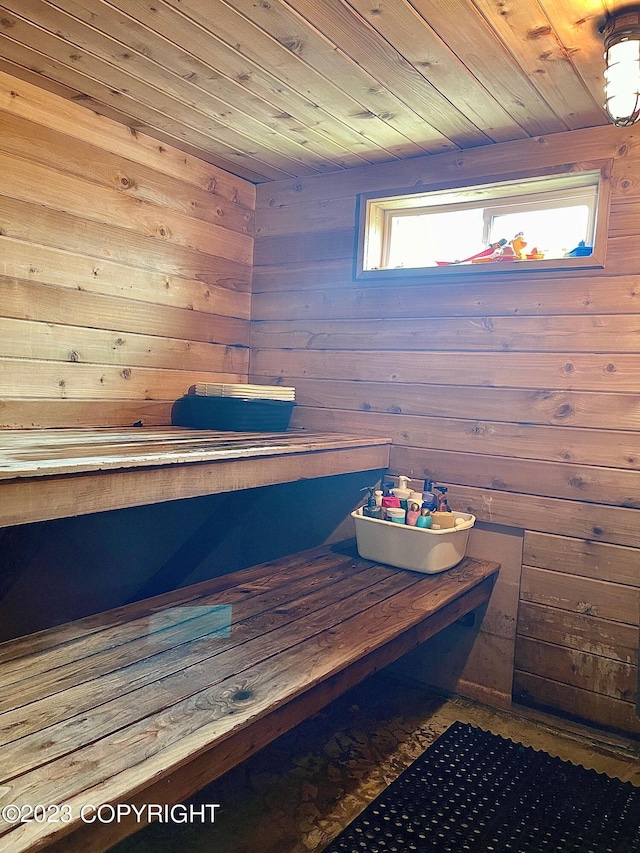 view of sauna featuring wooden ceiling