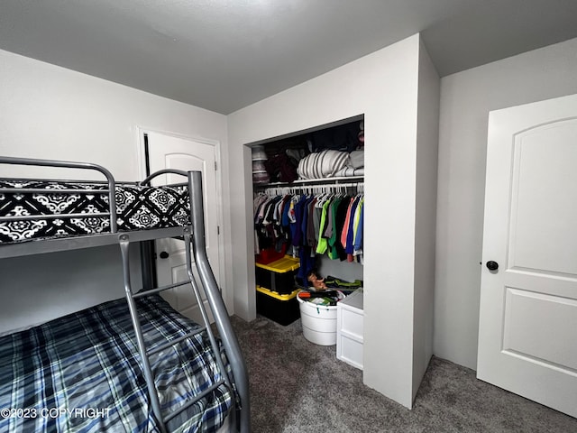 bedroom featuring a closet and dark colored carpet