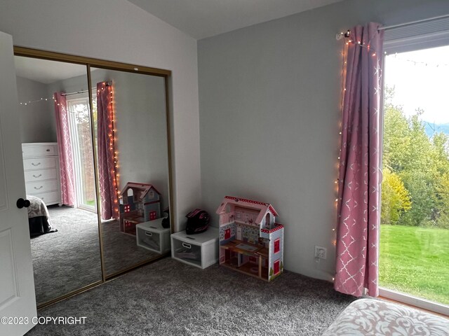 carpeted bedroom featuring a closet and vaulted ceiling