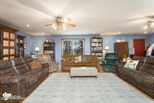 living area featuring recessed lighting, ceiling fan, and wood finished floors