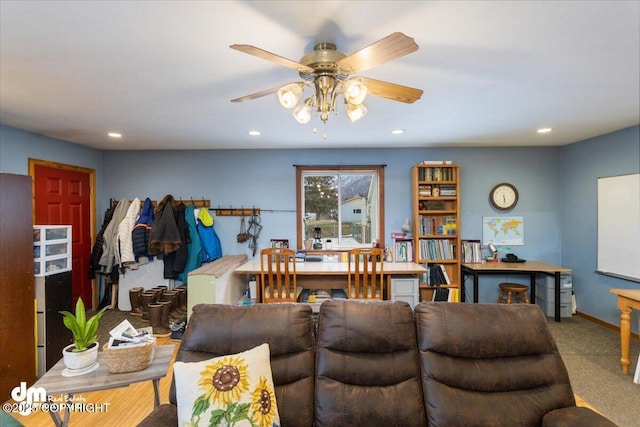 carpeted living room with recessed lighting, baseboards, and a ceiling fan