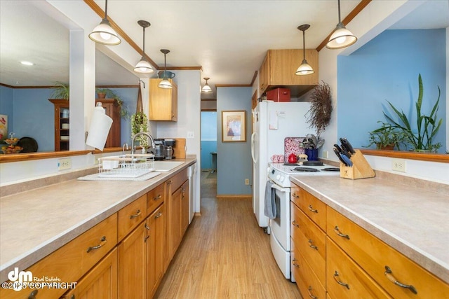 kitchen featuring pendant lighting, ornamental molding, light wood finished floors, and white range with electric stovetop