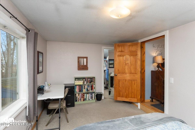 carpeted bedroom featuring a textured ceiling