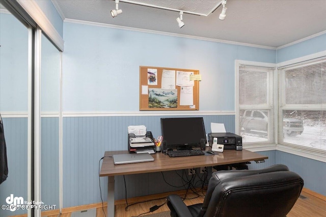 office featuring wood finished floors and ornamental molding