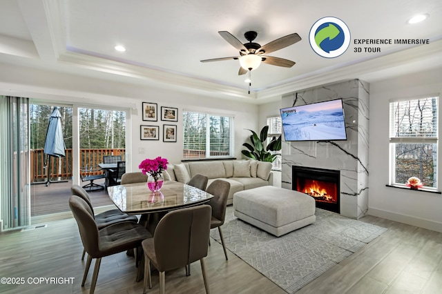 dining area featuring a premium fireplace, wood finished floors, a wealth of natural light, and baseboards