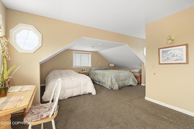 carpeted bedroom with lofted ceiling