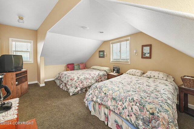 carpeted bedroom featuring a textured ceiling and vaulted ceiling