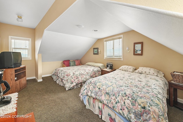 15264 Airport Ln, Ninilchik, AK 99639 - bedroom with multiple windows, lofted ceiling, baseboards, and carpet flooring