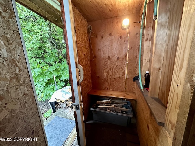 view of sauna featuring wooden ceiling