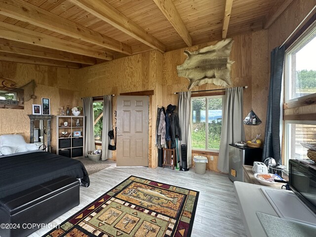 bedroom featuring wooden ceiling, hardwood / wood-style flooring, and wooden walls