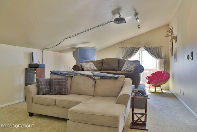 carpeted living room with lofted ceiling and rail lighting