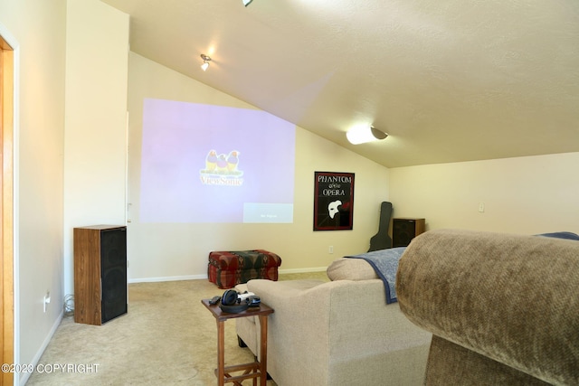 carpeted living room with a textured ceiling and vaulted ceiling