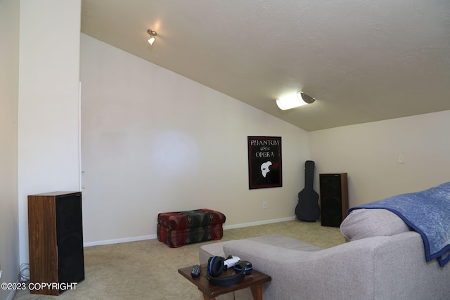 carpeted living room with vaulted ceiling