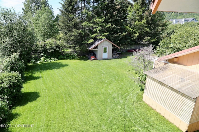 view of yard featuring a storage unit