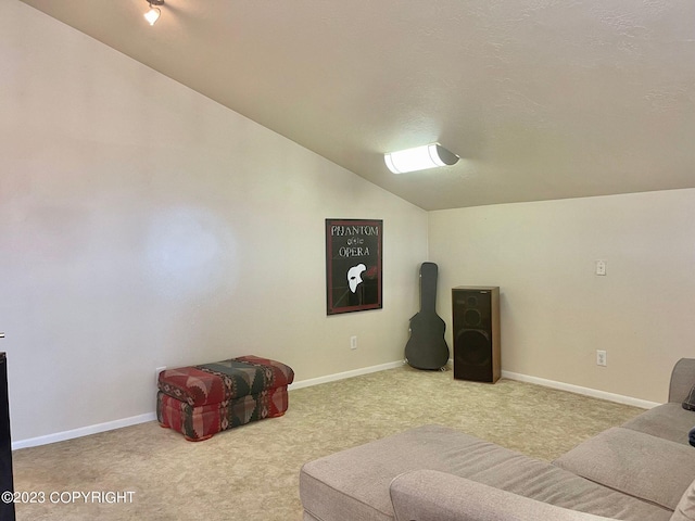 living room featuring vaulted ceiling and light colored carpet