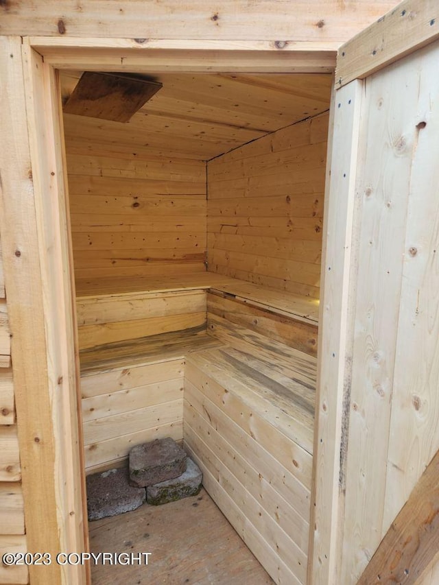 view of sauna featuring wood walls