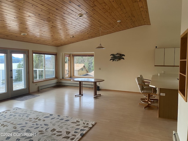 game room featuring a baseboard heating unit, wooden ceiling, lofted ceiling, and light hardwood / wood-style flooring